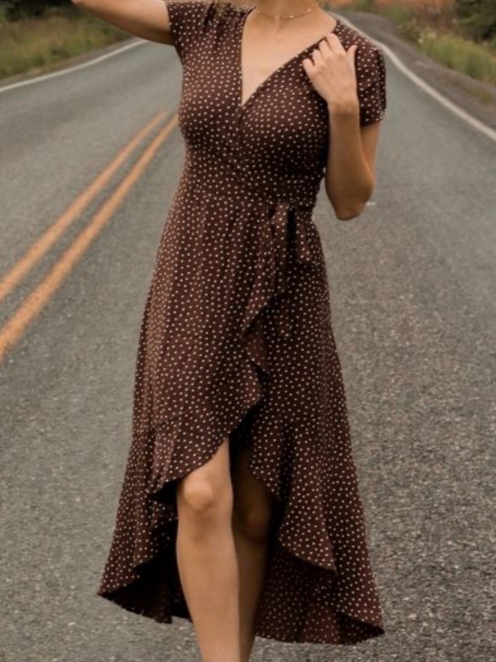 Elegant Brown Polka Dot Wrap Dress